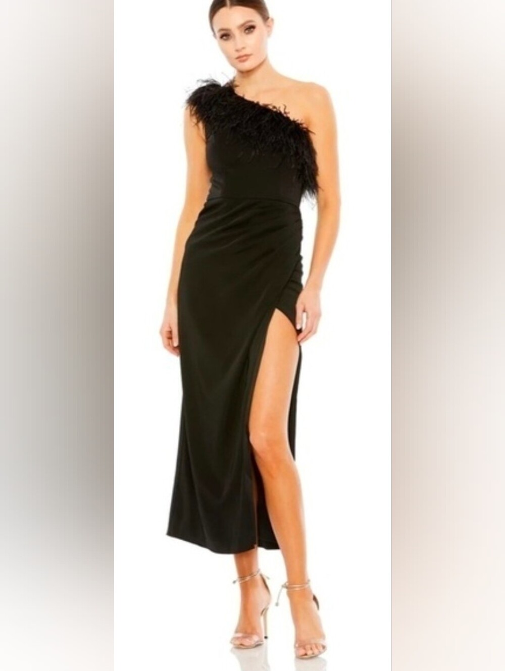 Mac Duggal NWT Black One Shoulder Draped Ostrich Feather Trim Gown Size 2 #68147